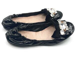 Miu Miu Black Patent Leather Crystal Embellished Ballet Flats, Sz 39 (US 8.5–9)